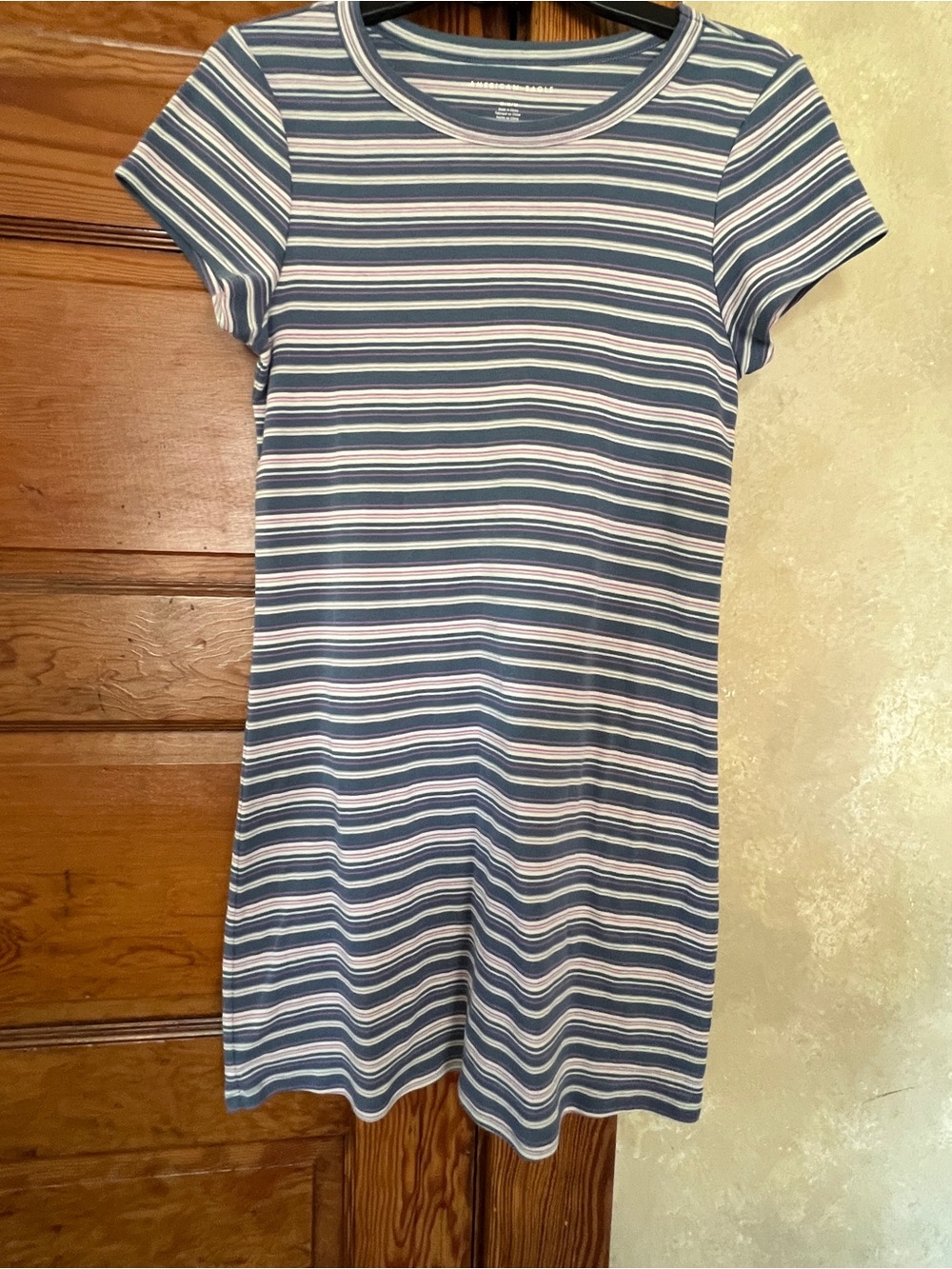 American Eagle Casual Y2K Striped Knee Length T-Shirt Dress Size M Blue/Pink